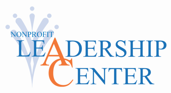 Nonprofit Leadership Center logo with blue text, large orange 'A' and 'C,' and a blue abstract burst in the background.