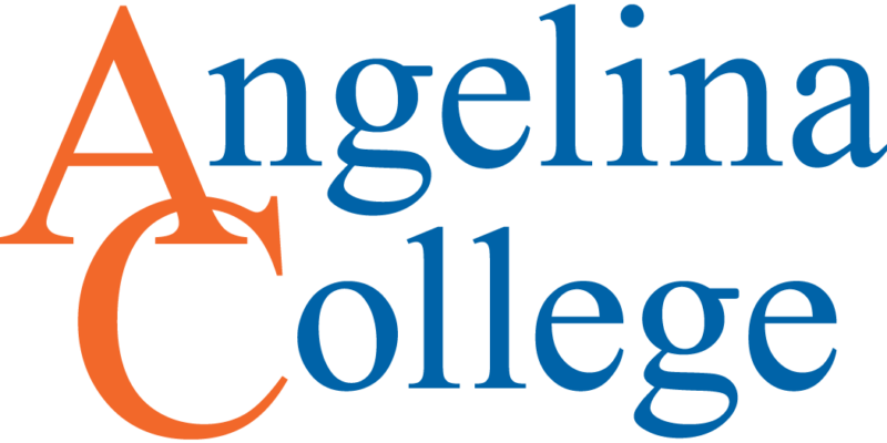 Angelina College logo: large orange overlapping A and C on the left, blue serif text "Angelina College" on the right.
