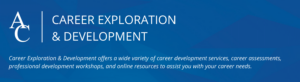 AC Career Exploration & Development banner on blue, highlighting career services, assessments, workshops, and resources.