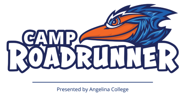 A fun blue and white logo that reads “Camp Roadrunner” with the mascot “Rowdy” head on the top right. Below in small text reads “Presented by Angelina College"