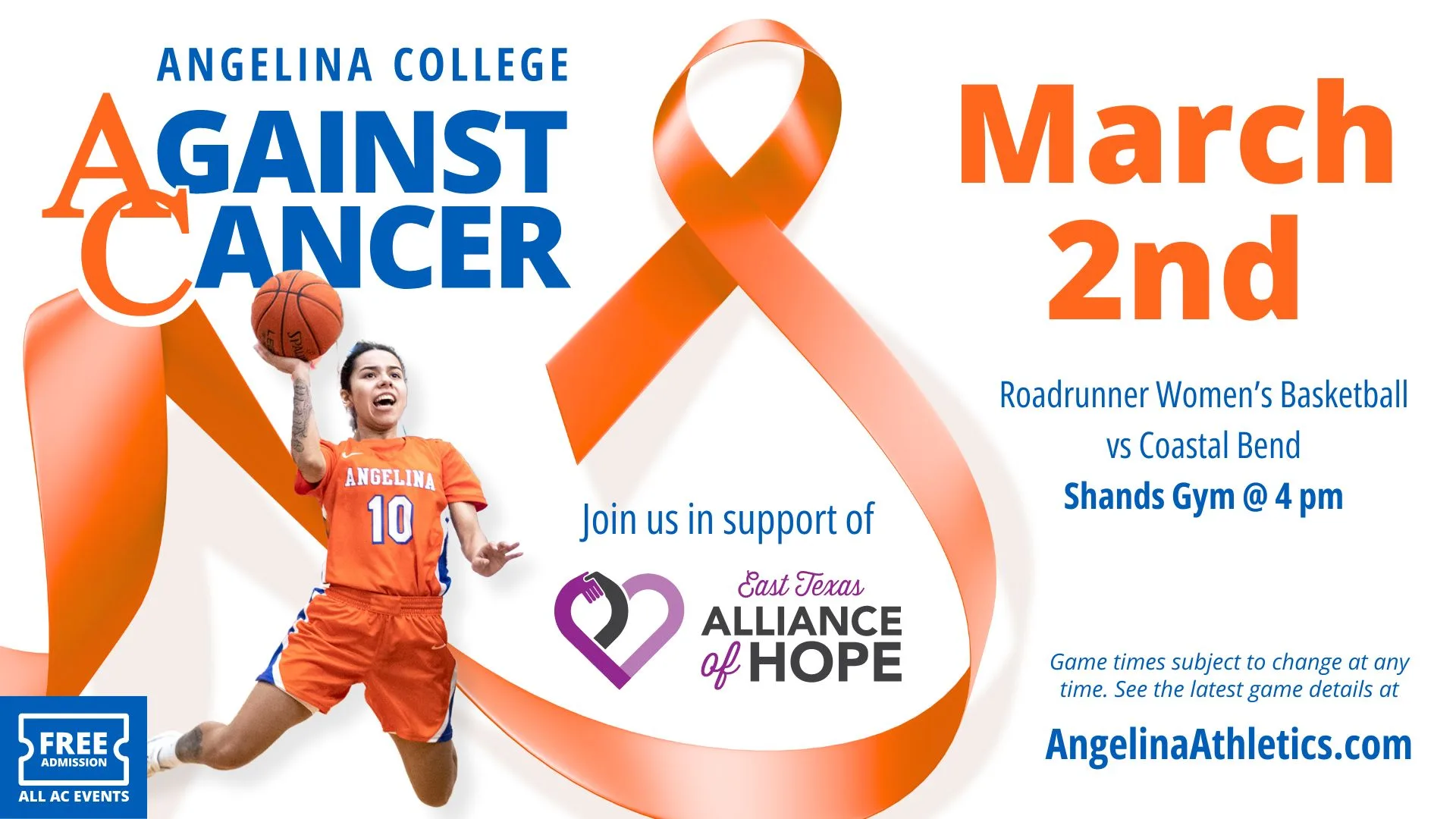 AC Against Cancer event graphic with orange ribbon and a women's basketball player