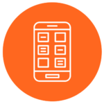 White smartphone outline with app icons, centered in an orange circle on a light gray background.