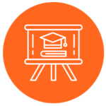 Graduation cap and book outlined in white on a board with easel, all within an orange circle.