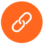 White chain link icon centered on an orange circle background, representing a web link or connection.