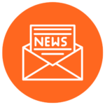 Orange circle with white envelope outline; inside is a newspaper labeled NEWS in bold letters.