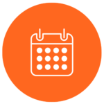 White calendar icon with rounded edges and day dots, centered on an orange circle background.