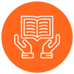 Two white outlined hands hold an open book, centered on a solid orange circle background.