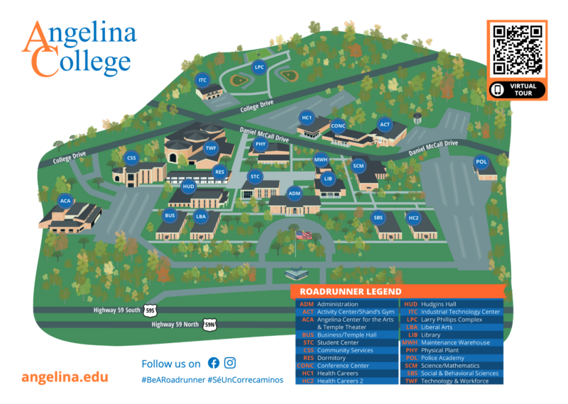 Angelina College campus map with labeled buildings, parking, legend, QR code for tour, and social media info at bottom.