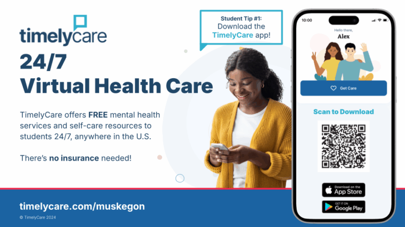 Young woman checks phone next to TimelyCare app screen, promoting 24/7 free virtual health and mental health support.