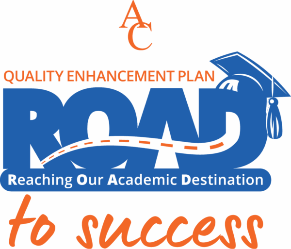 Logo featuring a graduation cap, QEP acronym, and "ROAD: Reaching Our Academic Destination," with a dotted road curving through ROAD.