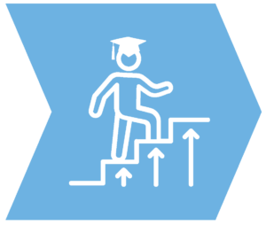 White outline of a graduate walking up stairs with upward arrows on a blue, right-pointing arrow background.