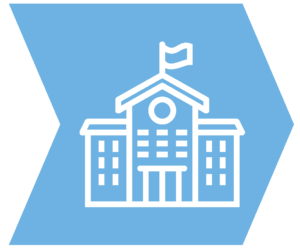White outline of a school with a flag on top, set on a blue arrow pointing right.
