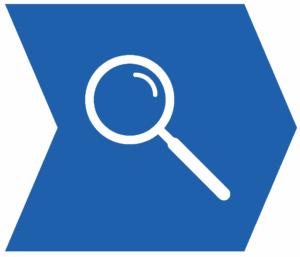 White magnifying glass icon centered on a blue, uneven hexagon-shaped background.