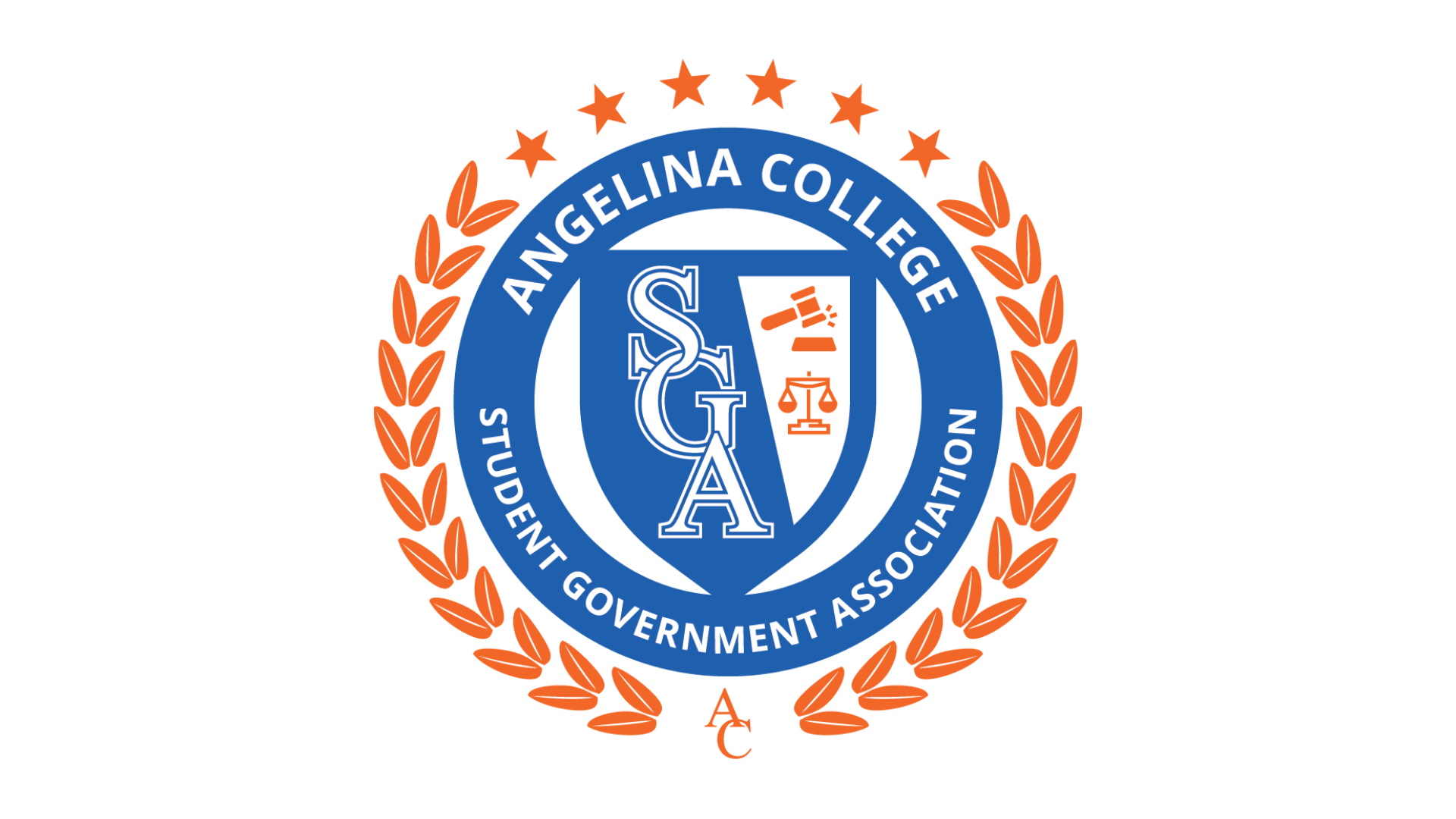 Angelina College SGA logo: blue shield with “SGA,” law symbols, orange laurel wreath, stars, blue ring with organization name.