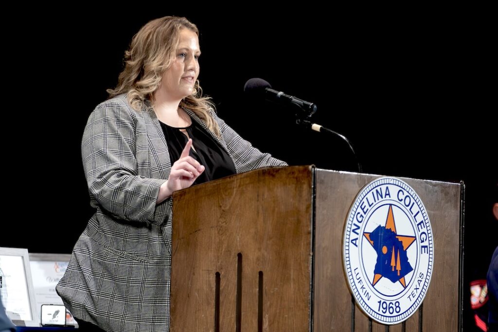 Amy Wren, District Attorney for Angelina County, addresses the crowd at Thursday’s Angelina College Law Enforcement Academy graduation. A total of 27 new law enforcement officers in Class 120 celebrated their achievements inside AC’s Hudgins Hall. 