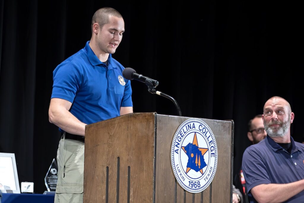 Valedictorian Tyler Haddenham addresses his fellow cadets during Thursday’s ceremony. The Angelina College Law Enforcement Academy celebrated Class 120’s 27 graduating cadets inside AC’s Hudgins Hall. 