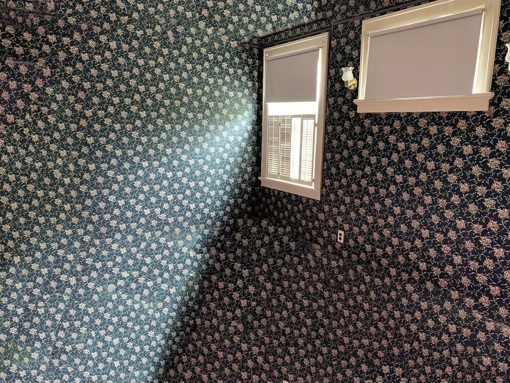A photograph the corner of a room with no furniture. There is one window looking out. The walls, floor, and ceiling are covered in the same wallpaper.