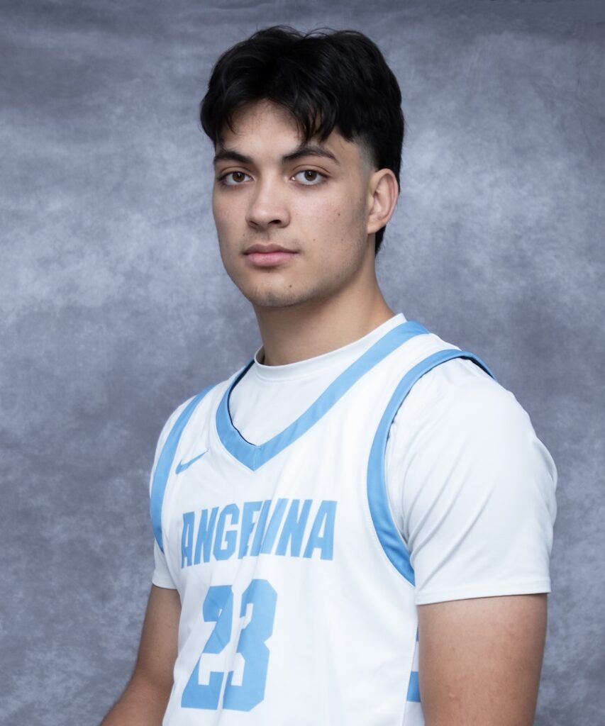 Young male basketball player with short dark hair wears a white and blue ANGELINA 23 jersey, standing against a gray background.