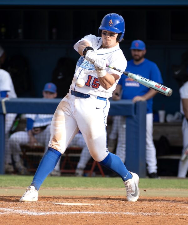 Angelina College baseball player Marco Bandiero swings the bat during a home game against Navarro.