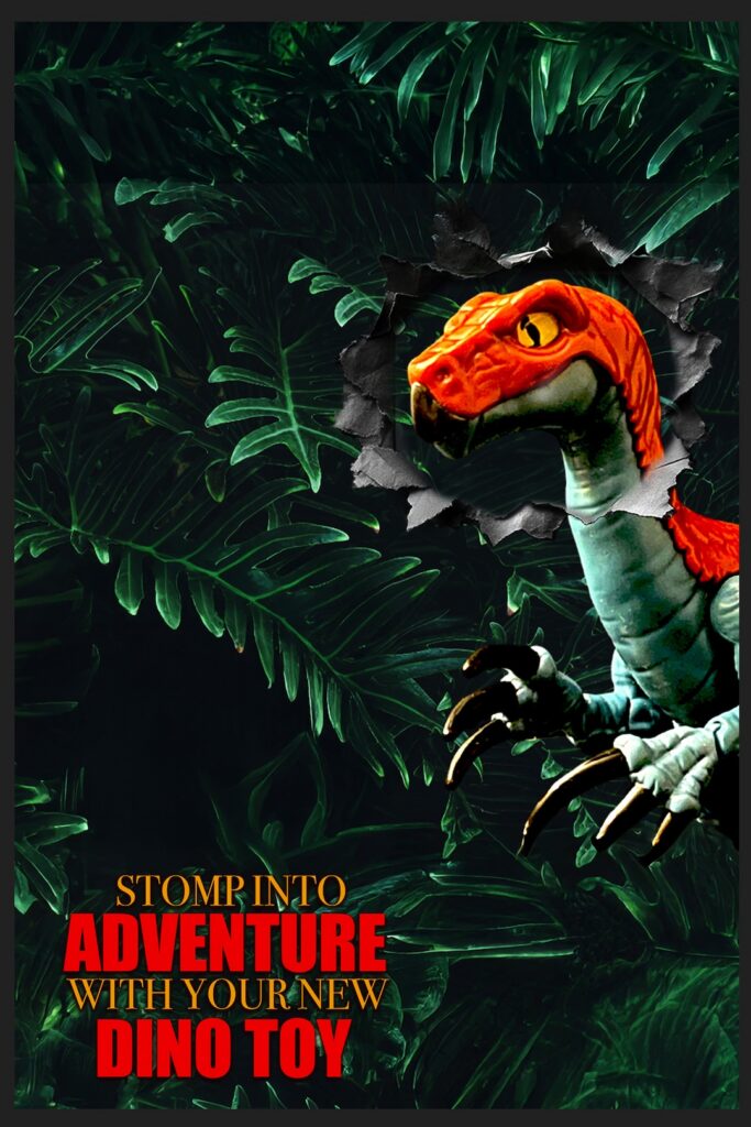 Orange and gray toy dinosaur emerging from dark green leaves; bold text reads: Stomp into adventure with your new dino toy.