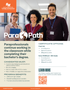 Three adults with folders smile together. Text highlights ParaPath bachelor’s program, requirements, benefits, and certificates.