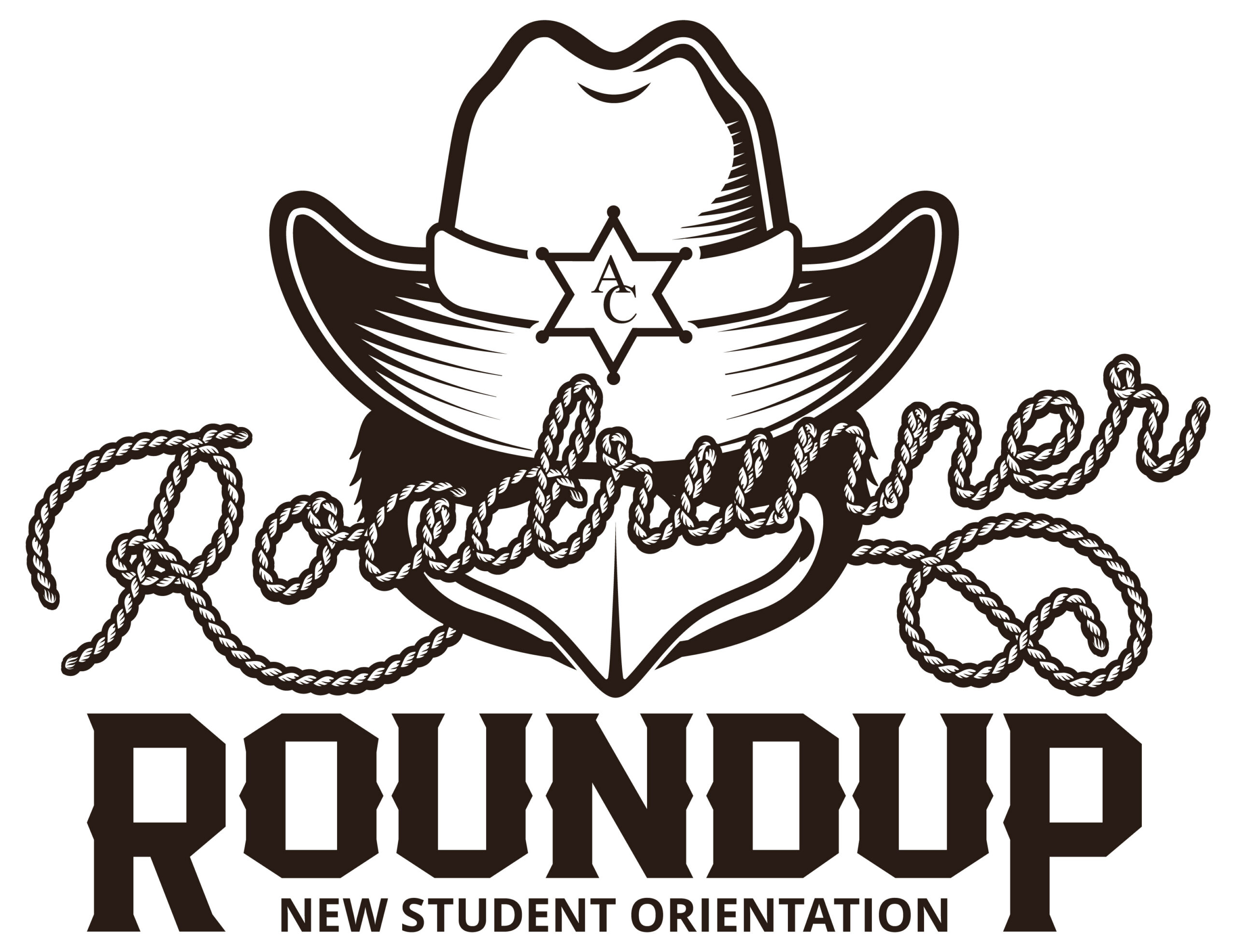 Cowboy hat with sheriff badge, mustache, "Roadrunner" in rope font, and "ROUNDUP NEW STUDENT ORIENTATION" below in bold.
