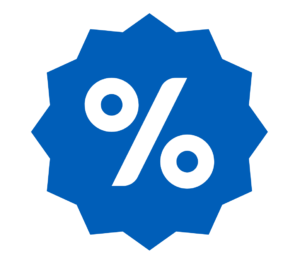 Blue starburst badge icon with a white percent symbol (%) centered, indicating a discount or special offer.
