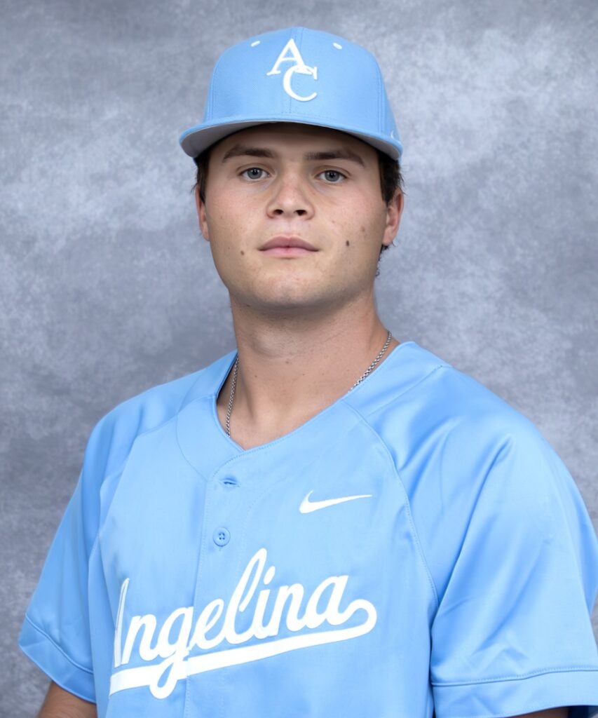 Young man in a light blue "Angelina" jersey and cap stands before a gray textured background.