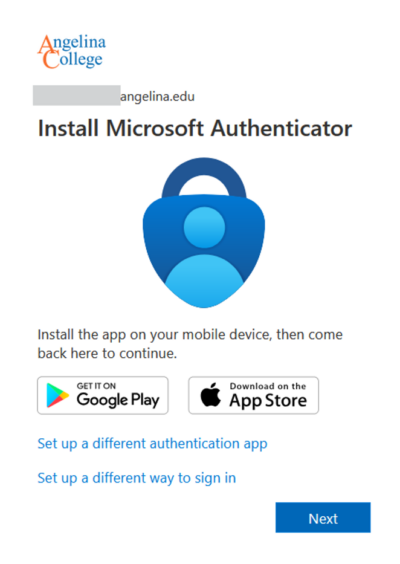 Angelina College login prompts installation of Microsoft Authenticator, with Google Play and App Store icons and alternative sign-in options.