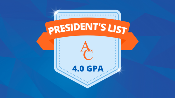 Blue badge with orange "Presidents List" ribbon, orange "AC" in center, "4.0 GPA" below, on blue geometric background.
