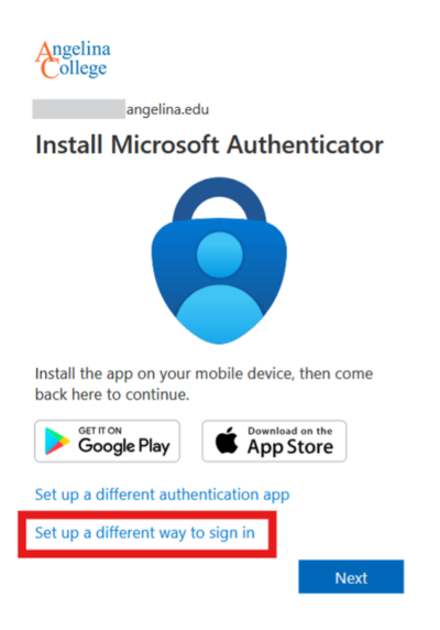Angelina College login prompts Microsoft Authenticator install; red box highlights "Set up a different way to sign in.