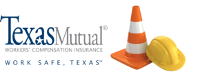 Texas Mutual Workers’ Compensation logo, “Work Safe, Texas,” orange-and-white cone, yellow hard hat on white background.