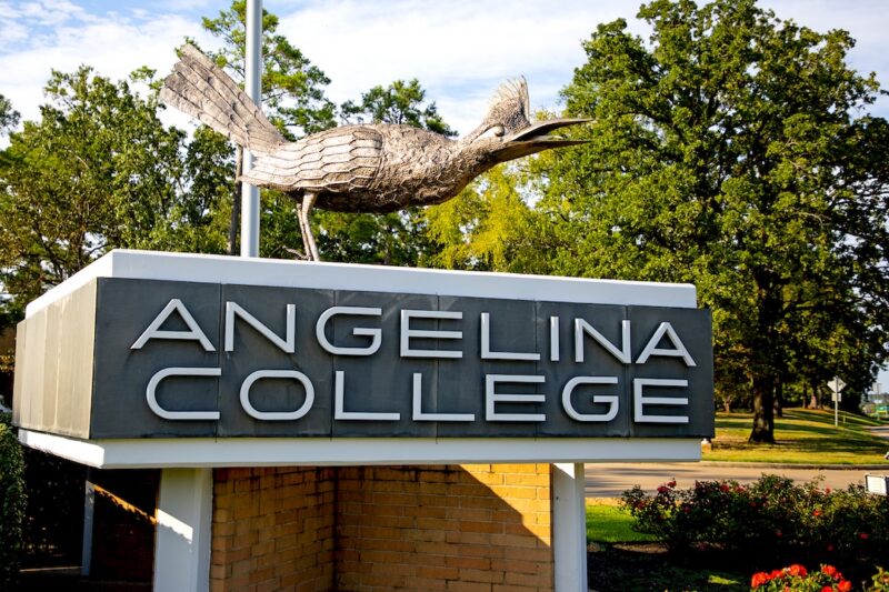 Metal bird sculpture atop a sign reading "Angelina College," with trees and clear sky in the background.
