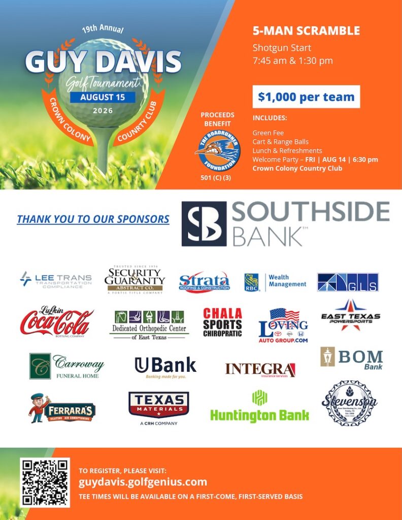 Flyer for 19th Annual Guy Davis Golf Tournament, Aug 15, 2026, Crown Colony Country Club, with sponsor logos and details.