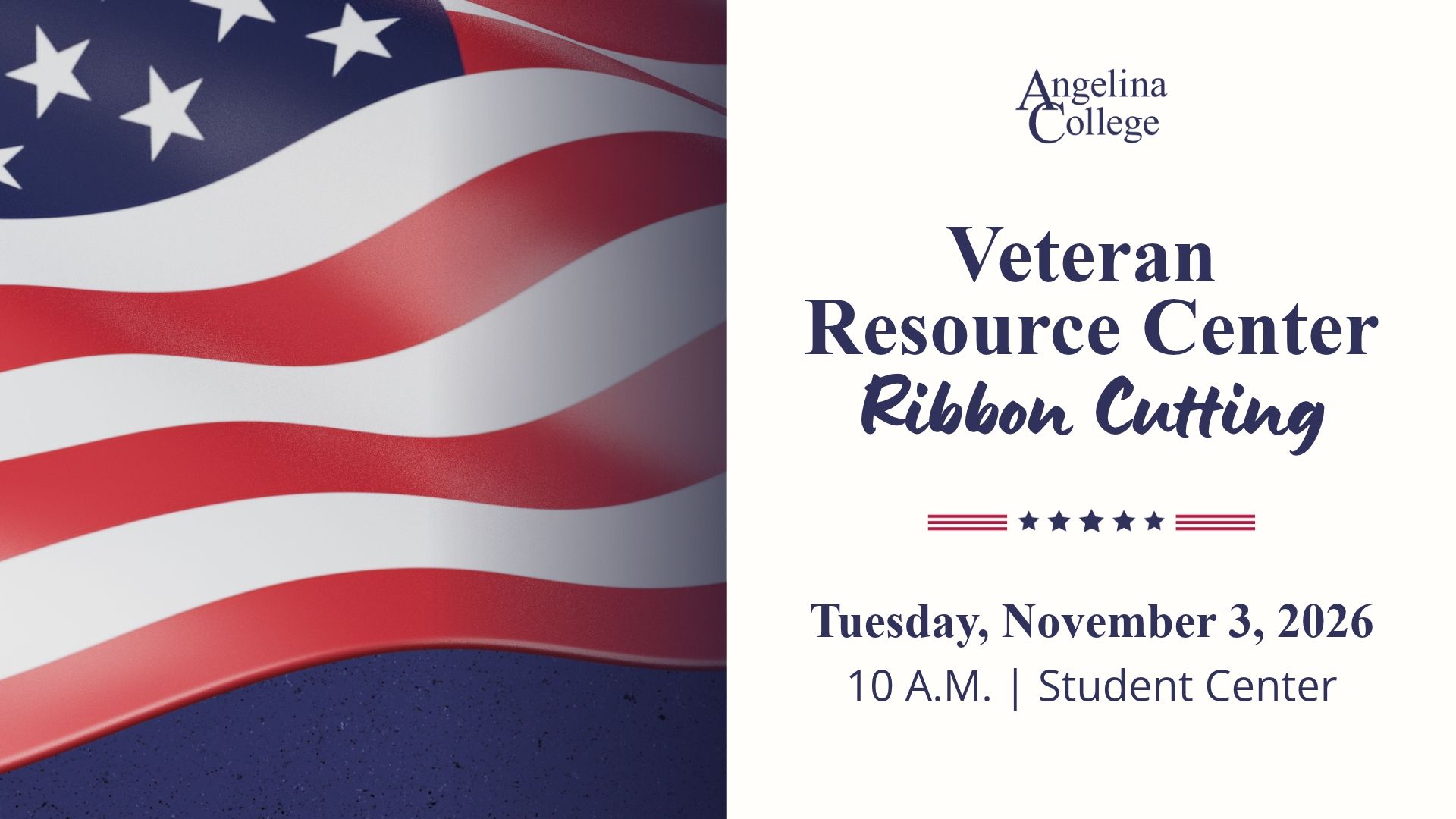 Grand opening invitation for the Angelina College Veteran Resource Center, Tuesday, November 3, 2026, at 10 a.m.