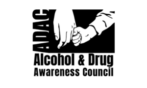 ADAC Black and white logo of large hands holding a child’s hand; ADAC vertically, with Alcohol & Drug Awareness Council below.