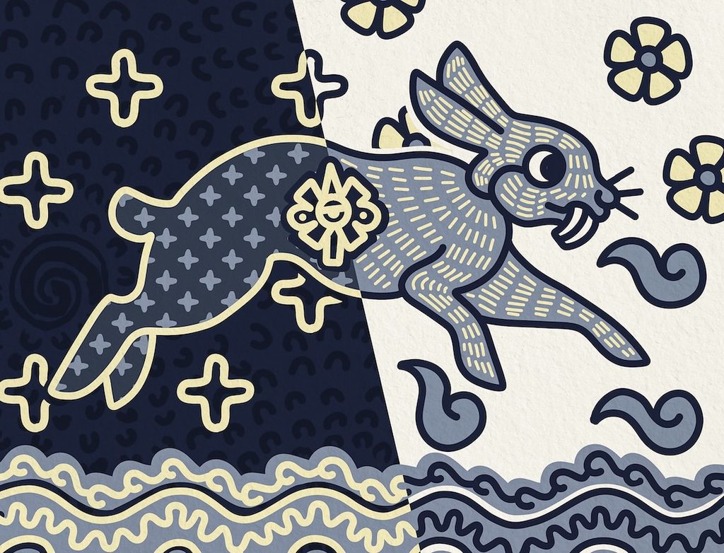 Leaping rabbit divided diagonally into dark and light halves, with blue, white, and yellow floral patterns and a decorative background.