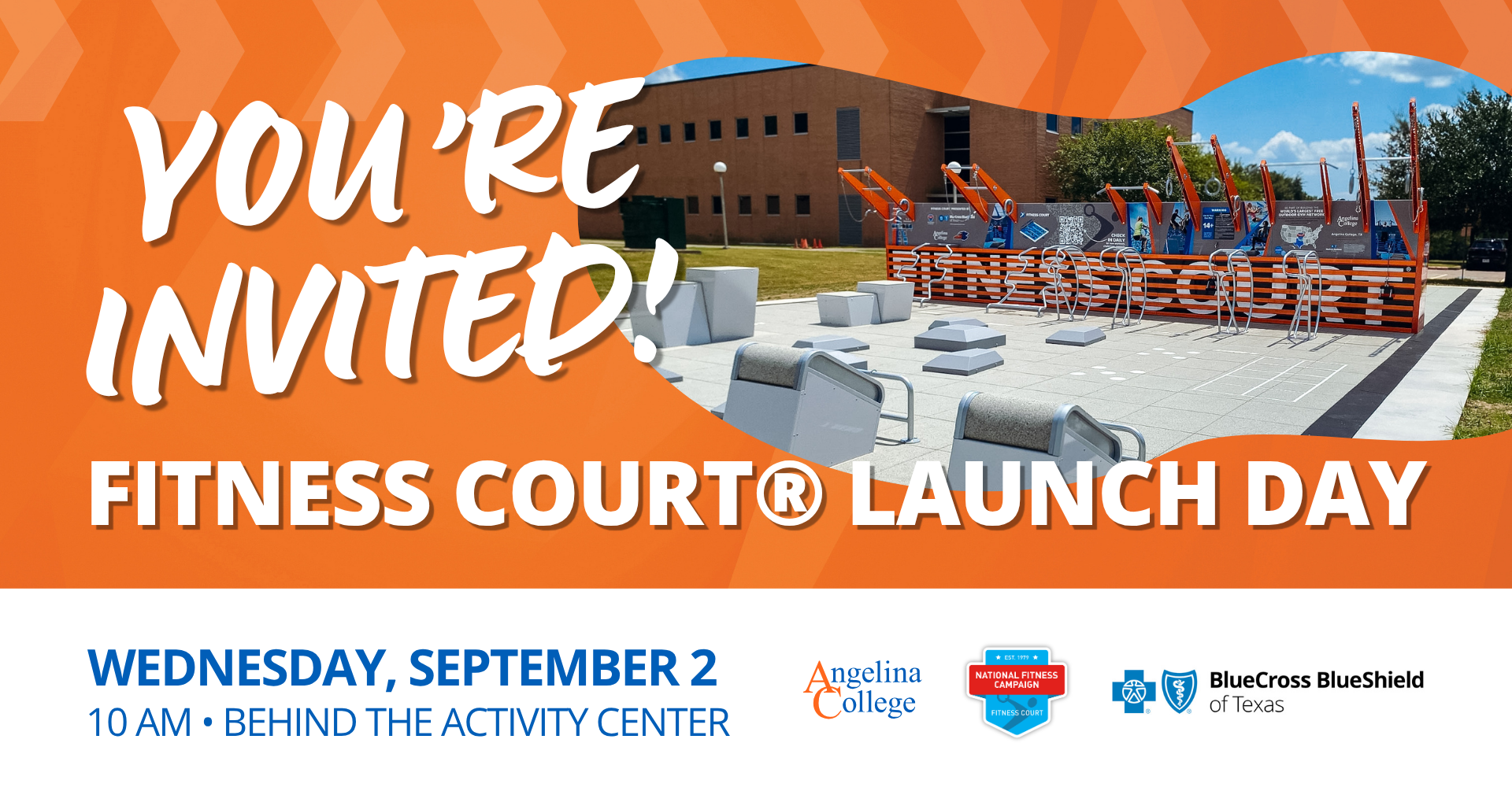 Outdoor gym with equipment and seating in front of a brick building. Banner: “You’re Invited! Fitness Court® Launch Day.” Event: Wed, Sept 2, 10 AM, behind activity center.