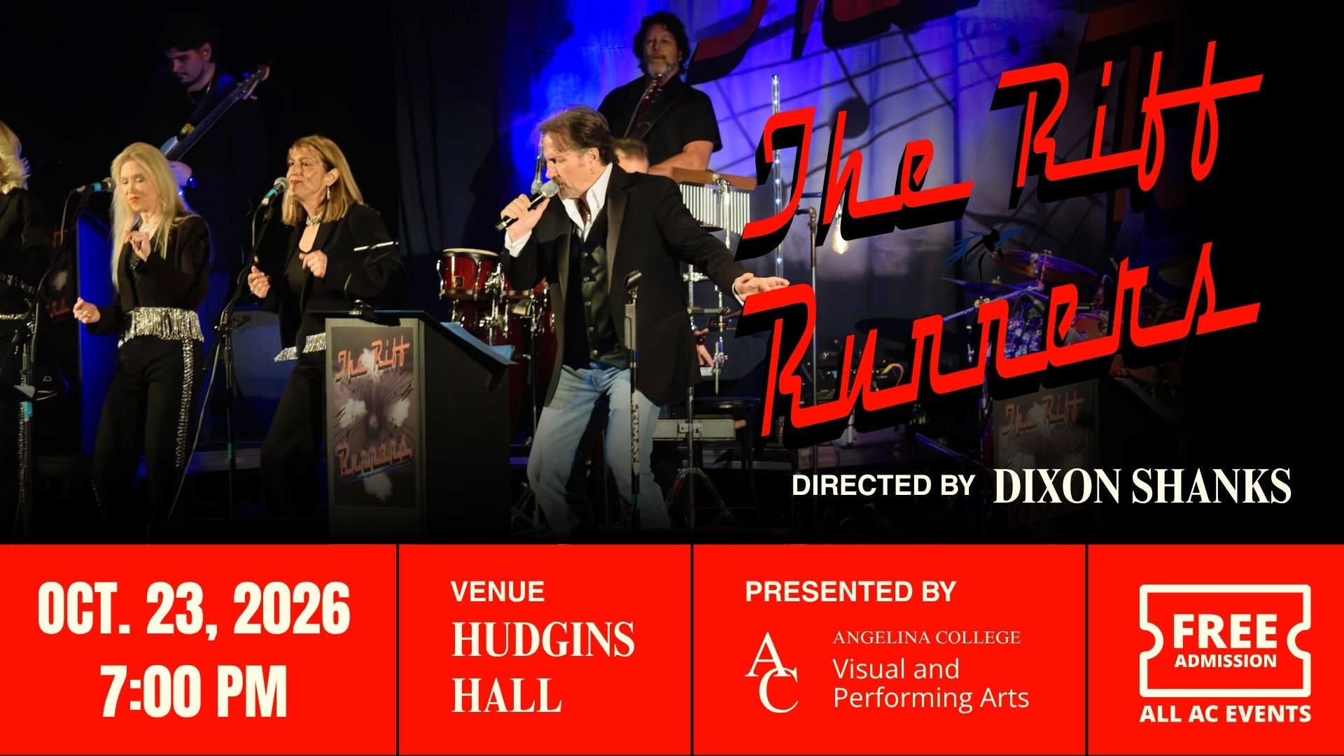 Concert poster: The Riff Runners, directed by Dixon Shanks, October 23, 2026, at Hudgins Hall, presented by AC.