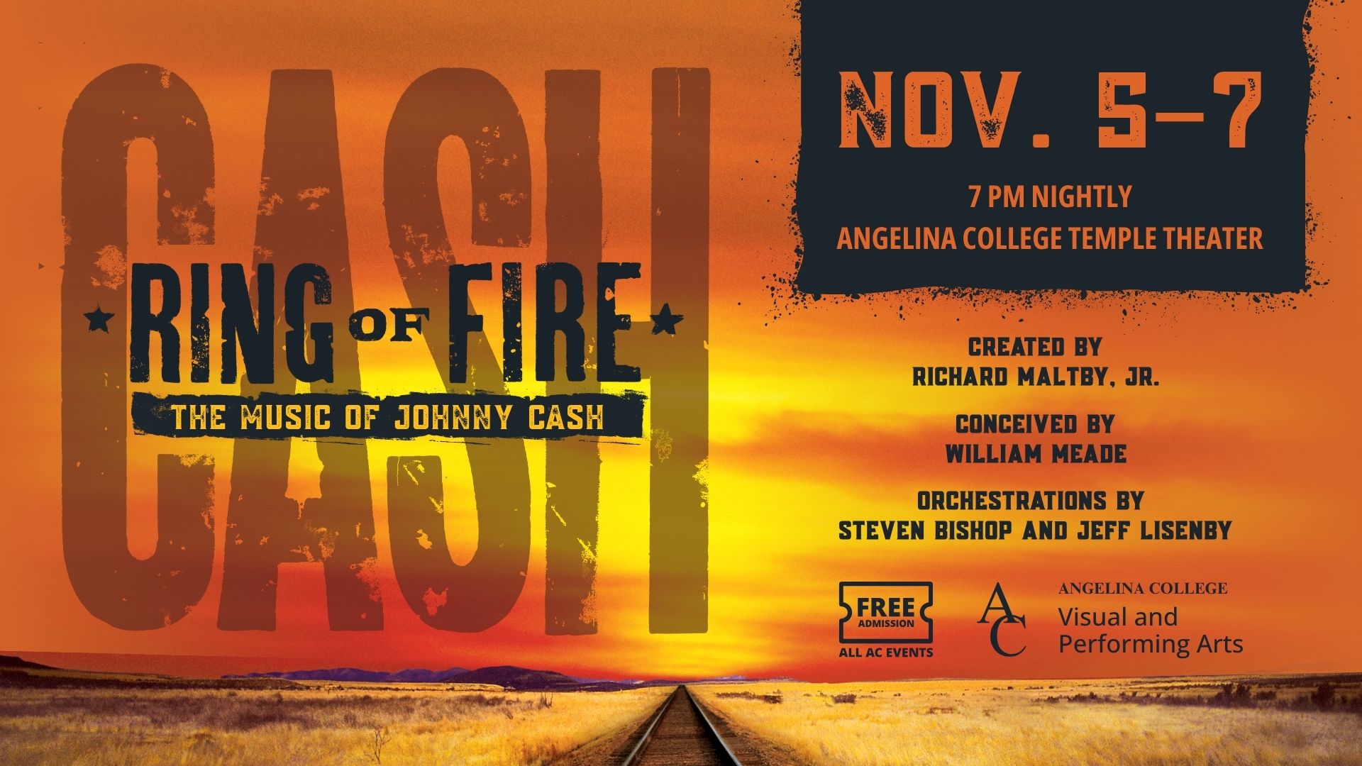Poster for the musical Ring of Fire: The Music of Johnny Cash, Nov. 5–7 at Angelina College Temple Theater.