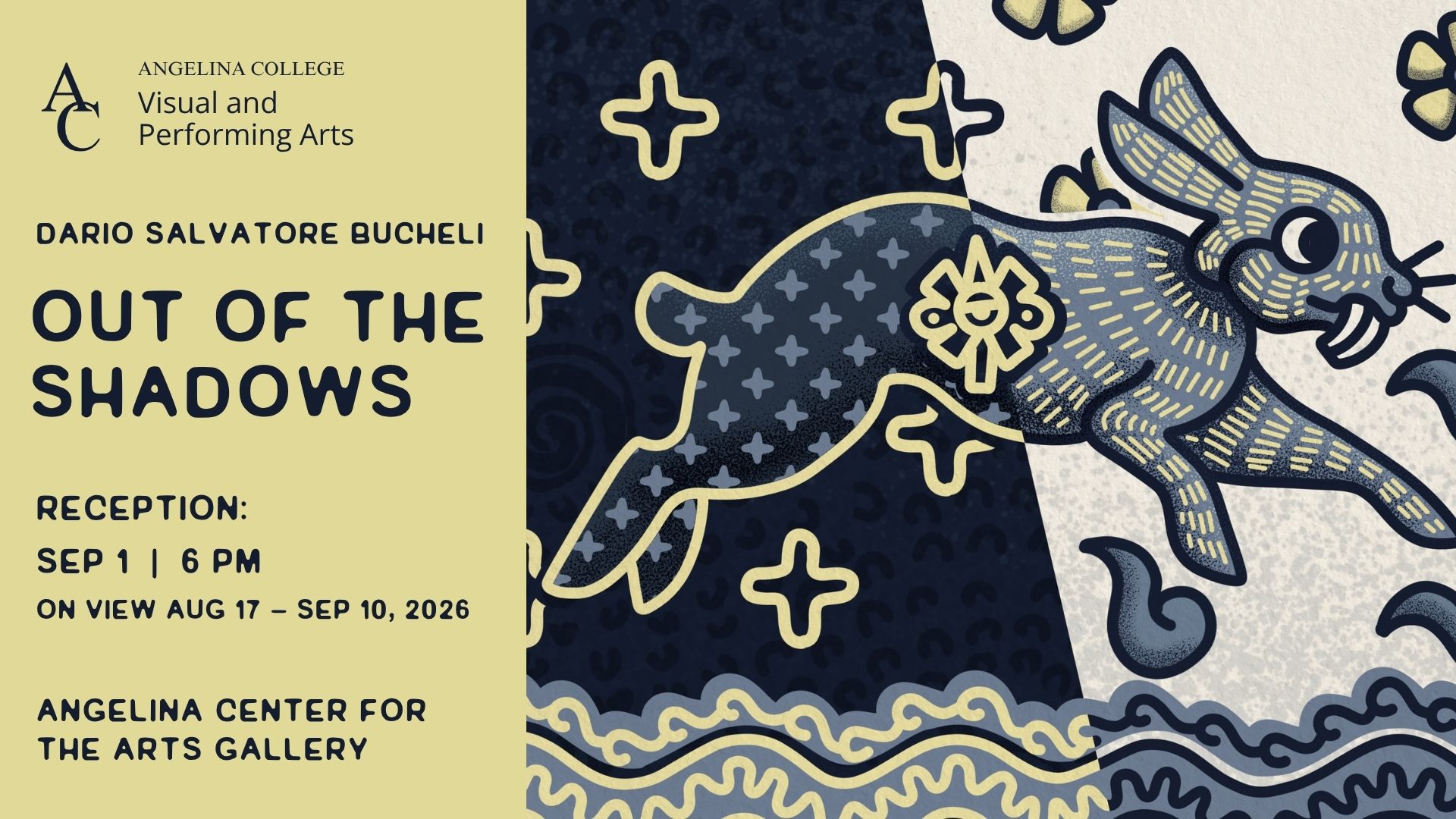 Poster for Out of the Shadows by Dario Salvatore Bucheli with a blue rabbit, event info, Aug 17–Sep 10 at Angelina Center.