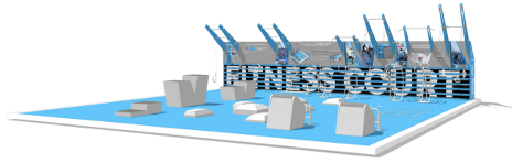 Blue and white outdoor fitness court with multiple exercise stations, next to a wall showing workout instructions and FITNESS COURT.