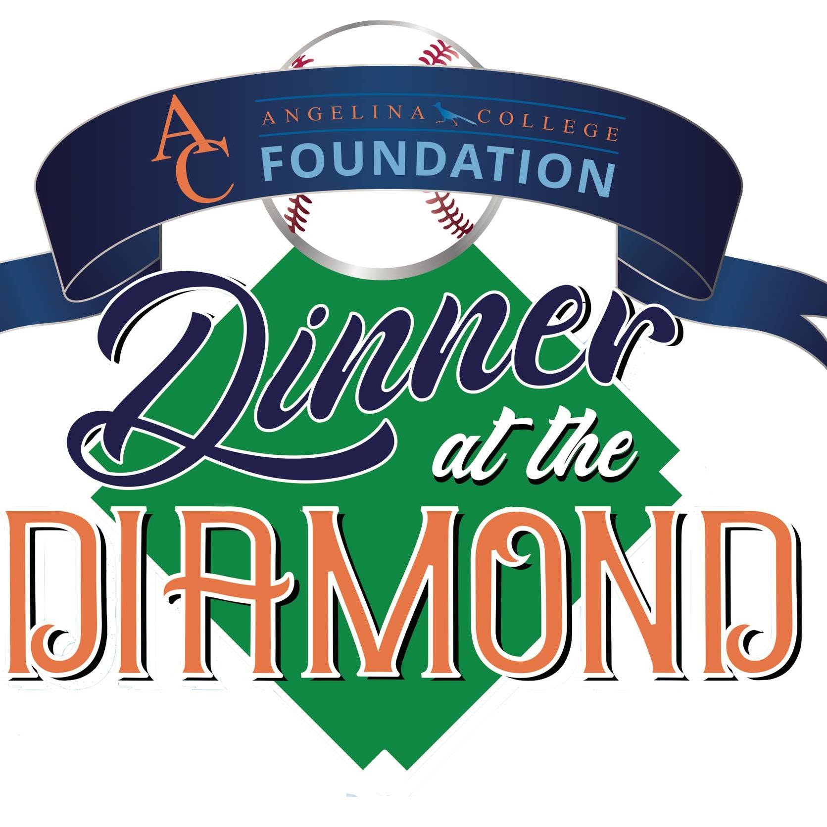 Dinner at the Diamond logo by Angelina College Foundation with a baseball, ribbon, and home plate graphic.