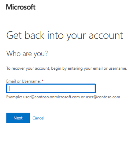 Microsoft account recovery page with input for email or username, Next and Cancel buttons, and example usernames below the field.