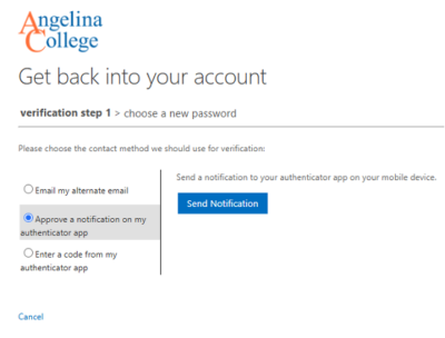 Angelina College account recovery page with selected option to approve notification via authenticator app; email also available.