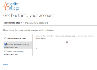 Angelina College account recovery page with three verification methods; authenticator app notification selected, showing number 11.