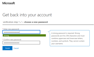 Microsoft password reset page with fields for new password, strong password requirements popup, and a strong strength indicator.
