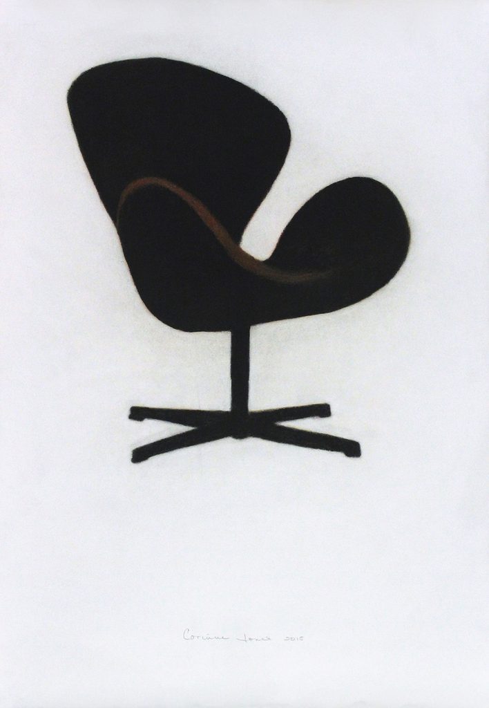 Black modern curved swivel chair with a four-legged base centered on a white background.