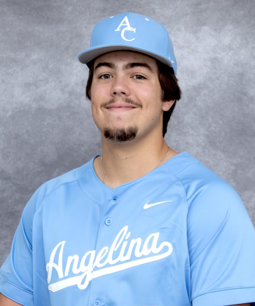 Young man in a light blue AC baseball cap and Angelina jersey, smiling against a gray background.