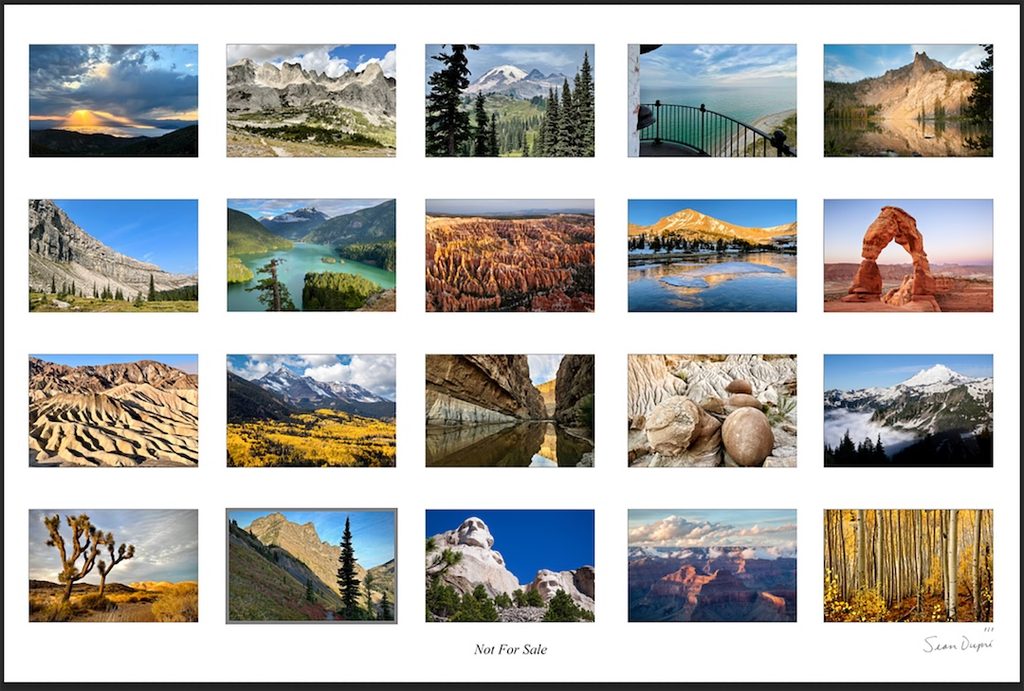 Collage of 20 landscapes: mountains, canyons, lakes, forests, rocks, deserts in different seasons; “Not For Sale” and signature below.